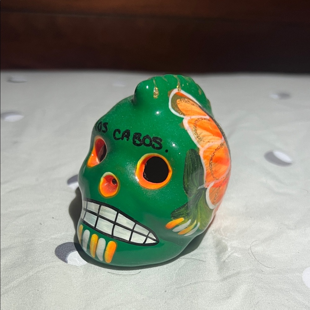 Green and Orange Decorative Skull Mexico Los Cabos